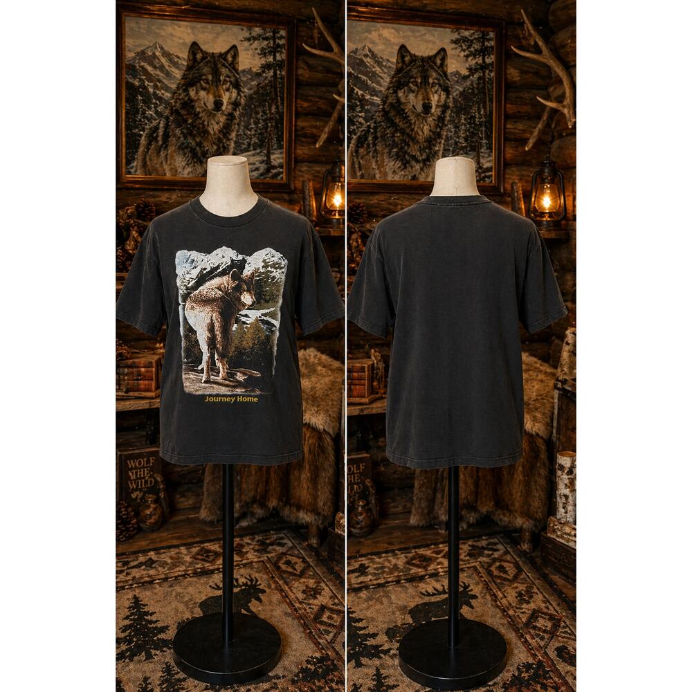 Vintage Wolf Journey Home Tee USA Made BEST Tag Black Shirt L Nature Scenic